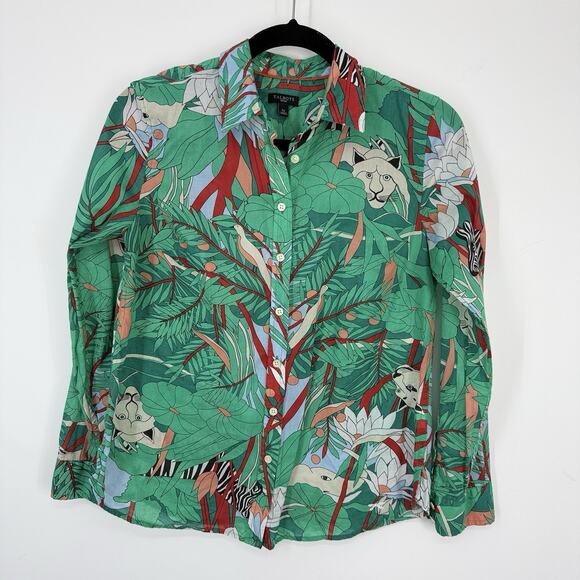 Talbots Jungle Tiger Print Button Up Top Size Small SP Colorful Long Sleeve Arts - Picture 10 of 11